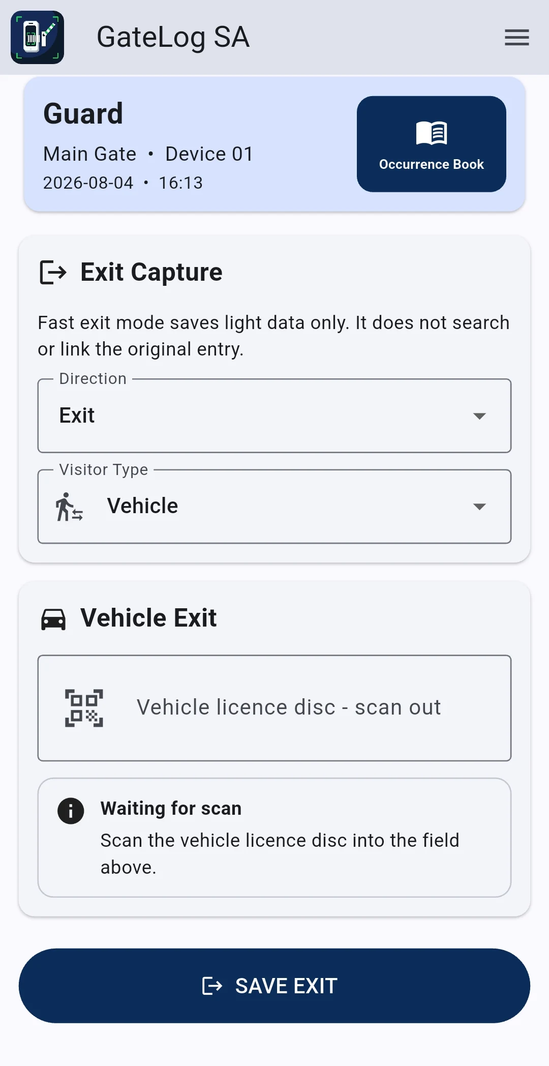 GateLog SA vehicle Exit Capture screen