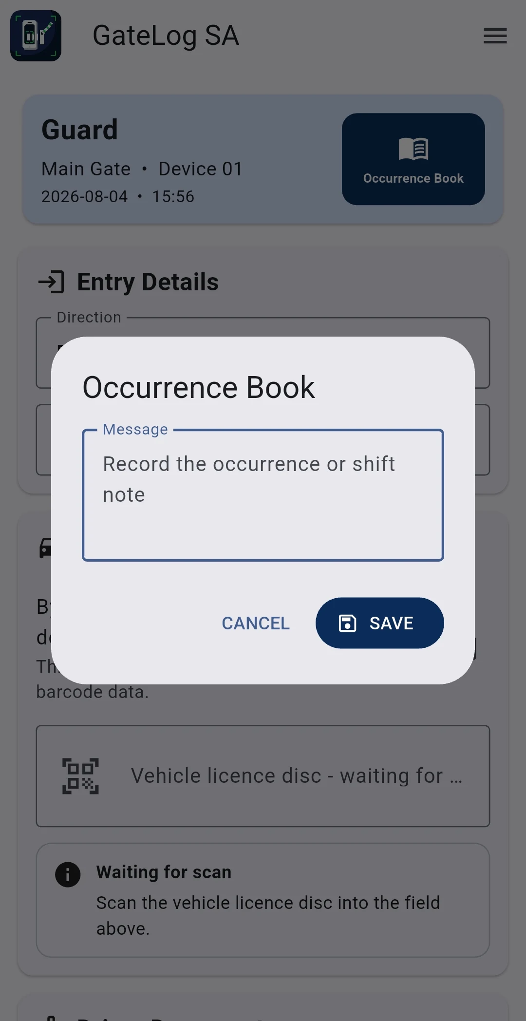 GateLog SA digital Occurrence Book