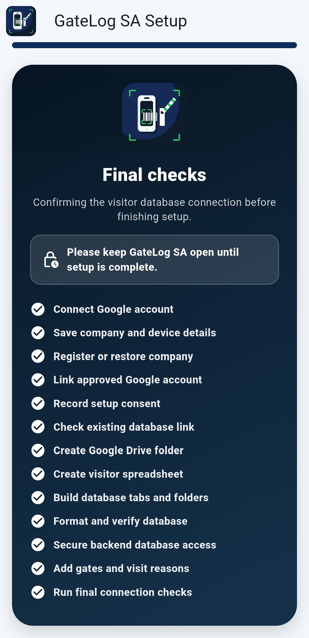 GateLog SA setup final checks screen