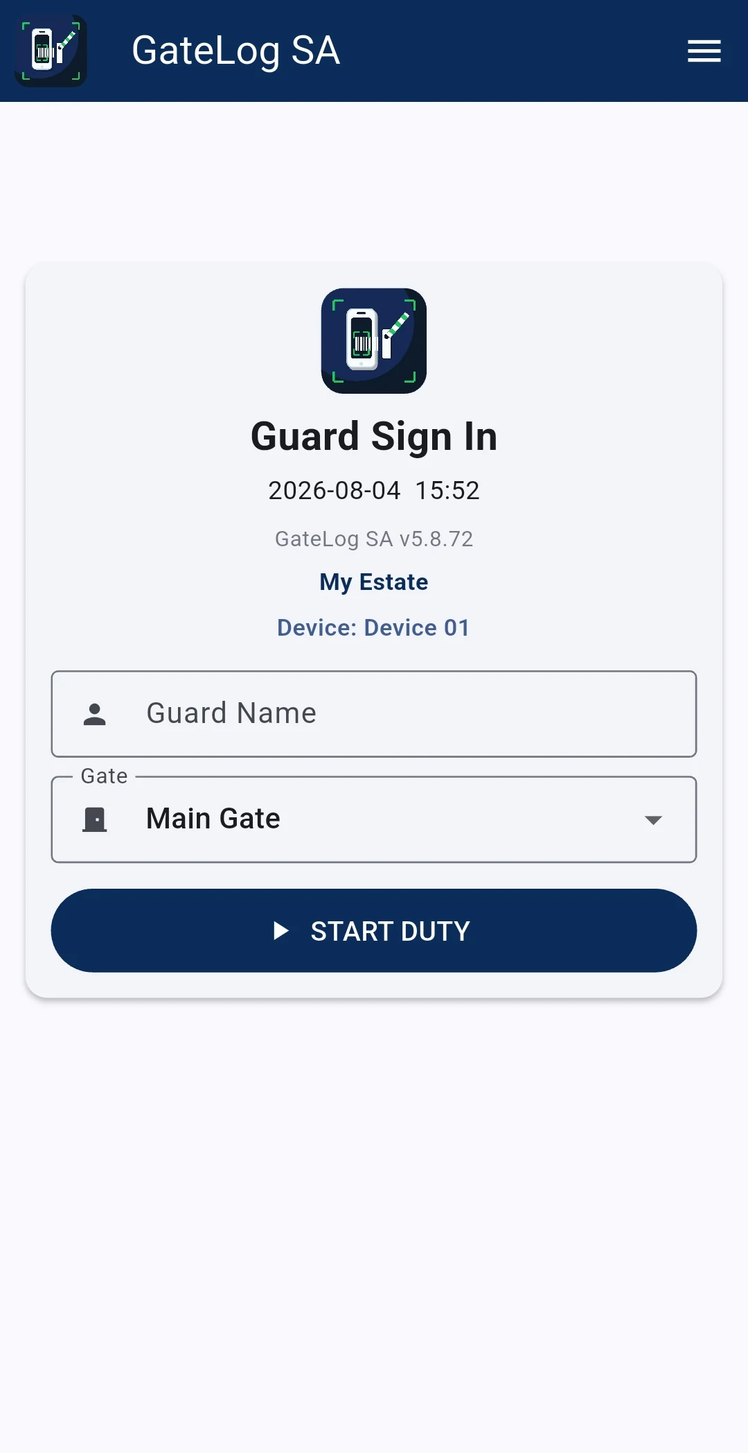 GateLog SA guard sign-in page